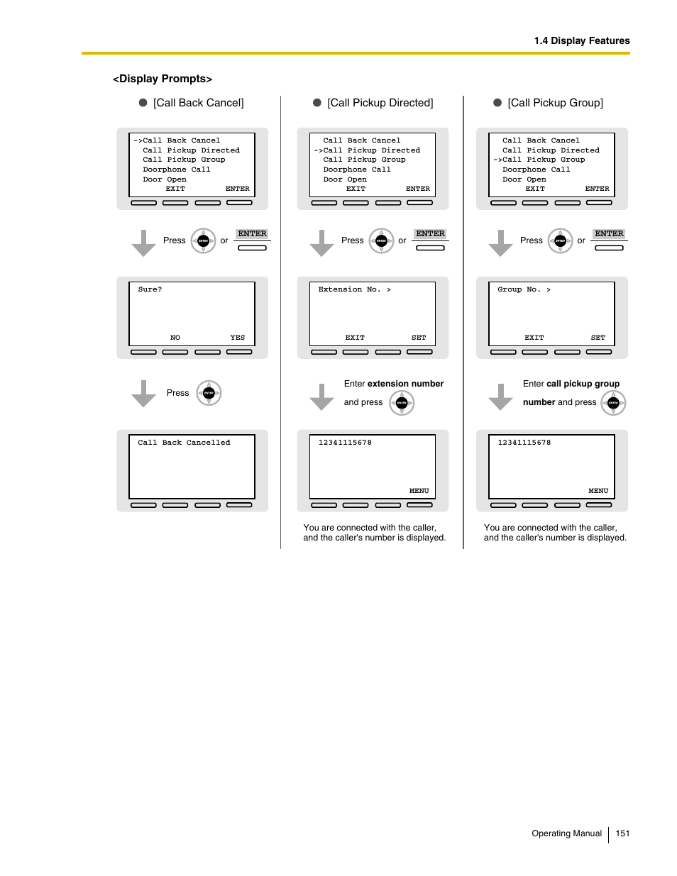 Display prompts, Call back cancel] [call pickup directed, Call pickup group | 4 display features, Enter | Panasonic KX-TDE100 User Manual | Page 151 / 214