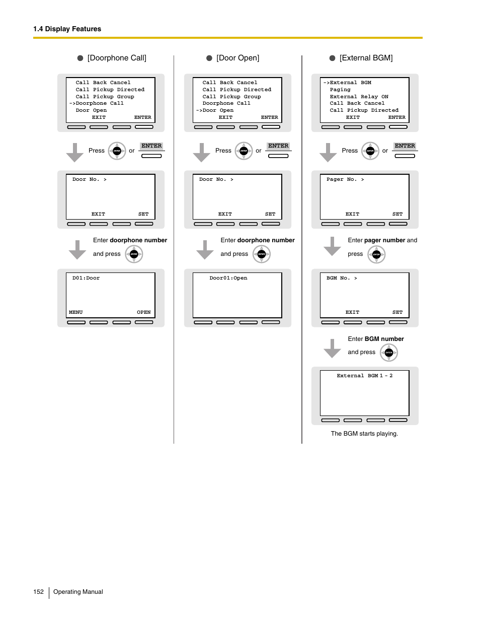 External bgm, Doorphone call, Door open | 4 display features, Enter | Panasonic KX-TDE100 User Manual | Page 152 / 214