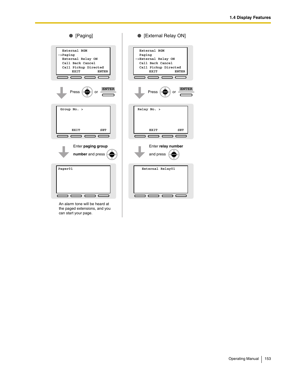 External relay on, Paging, 4 display features | Enter | Panasonic KX-TDE100 User Manual | Page 153 / 214