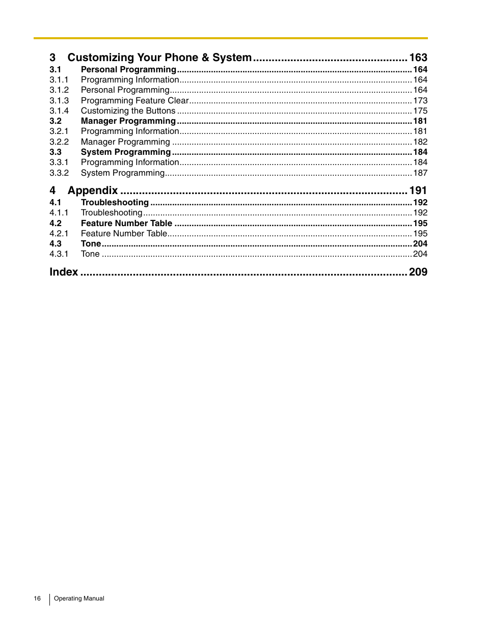 3 customizing your phone & system 163, 4 appendix 191, Index 209 | 3customizing your phone & system, 4appendix, Index | Panasonic KX-TDE100 User Manual | Page 16 / 214