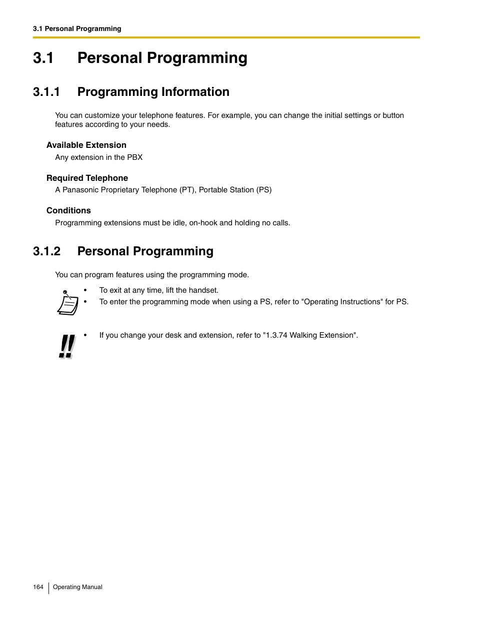 1 personal programming, 1 programming information, 2 personal programming | Panasonic KX-TDE100 User Manual | Page 164 / 214