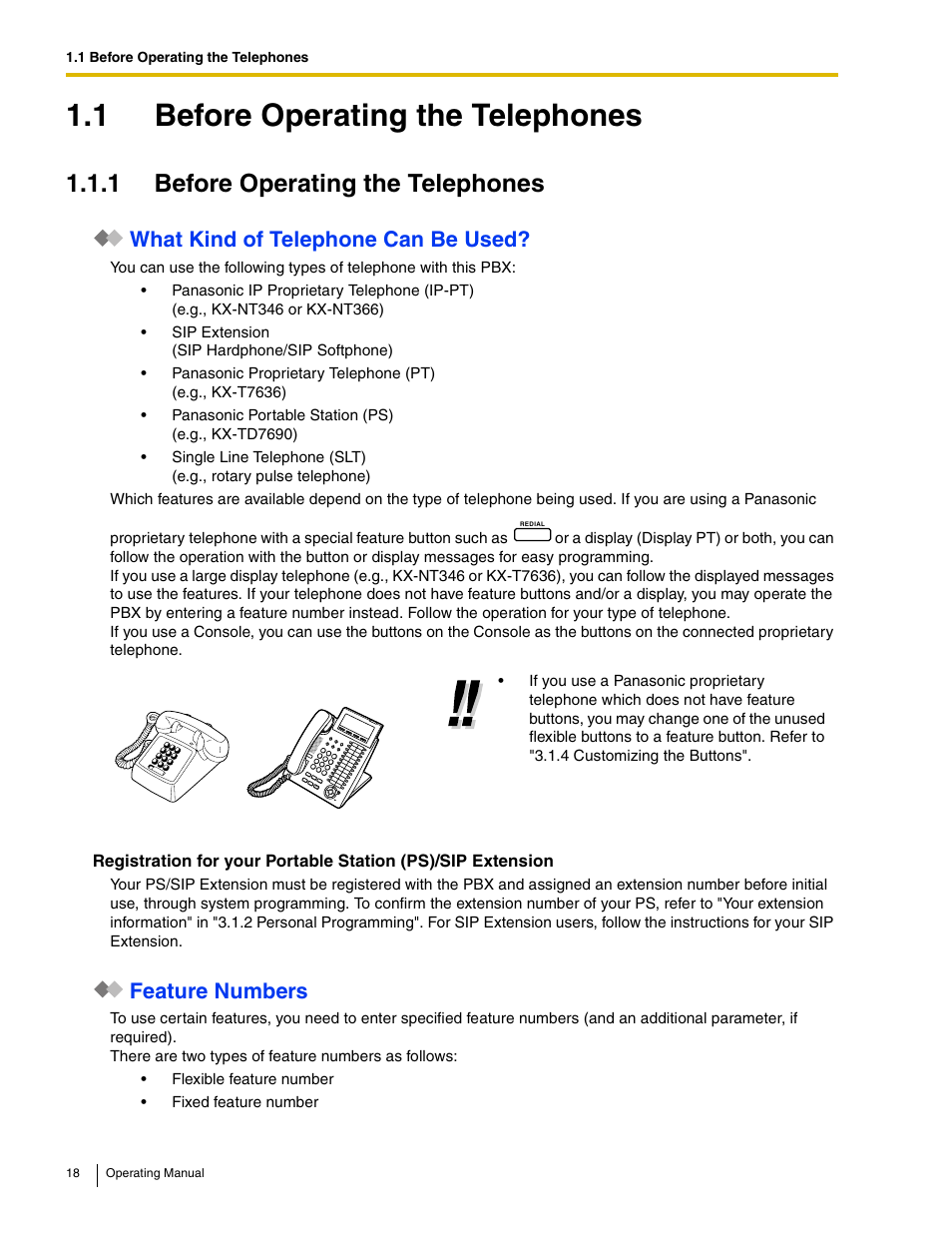 1 before operating the telephones, E 18, What kind of telephone can be used | Feature numbers | Panasonic KX-TDE100 User Manual | Page 18 / 214