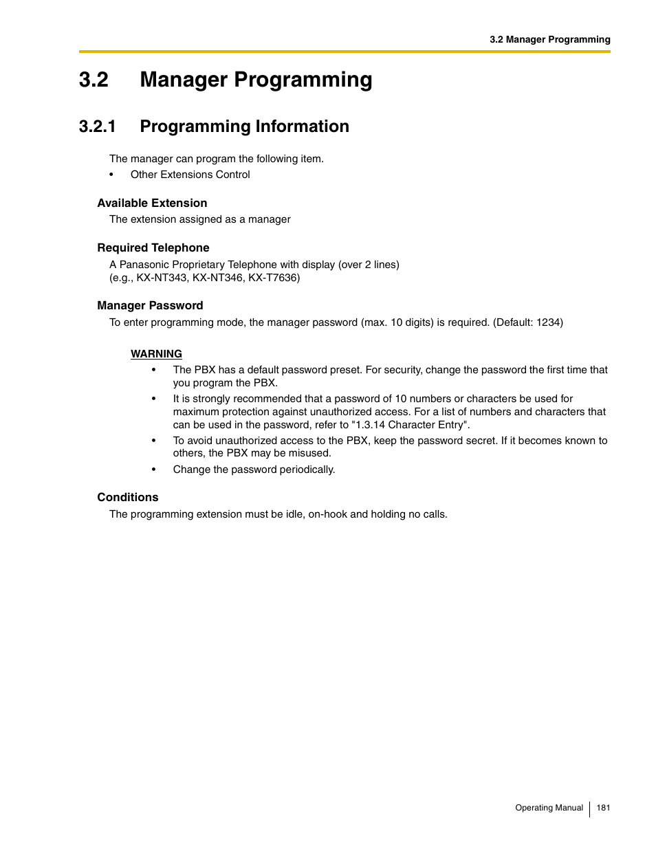 2 manager programming, 1 programming information | Panasonic KX-TDE100 User Manual | Page 181 / 214