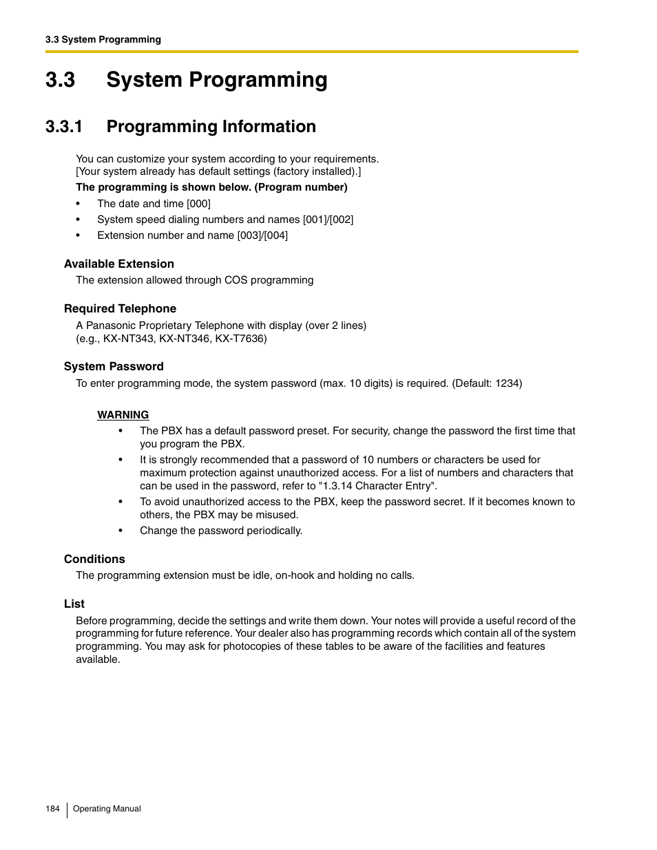 3 system programming, 1 programming information | Panasonic KX-TDE100 User Manual | Page 184 / 214