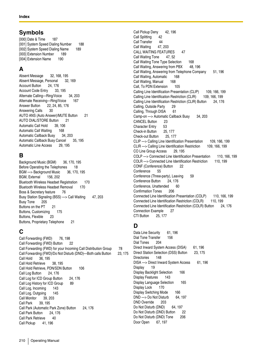 Symbols | Panasonic KX-TDE100 User Manual | Page 210 / 214