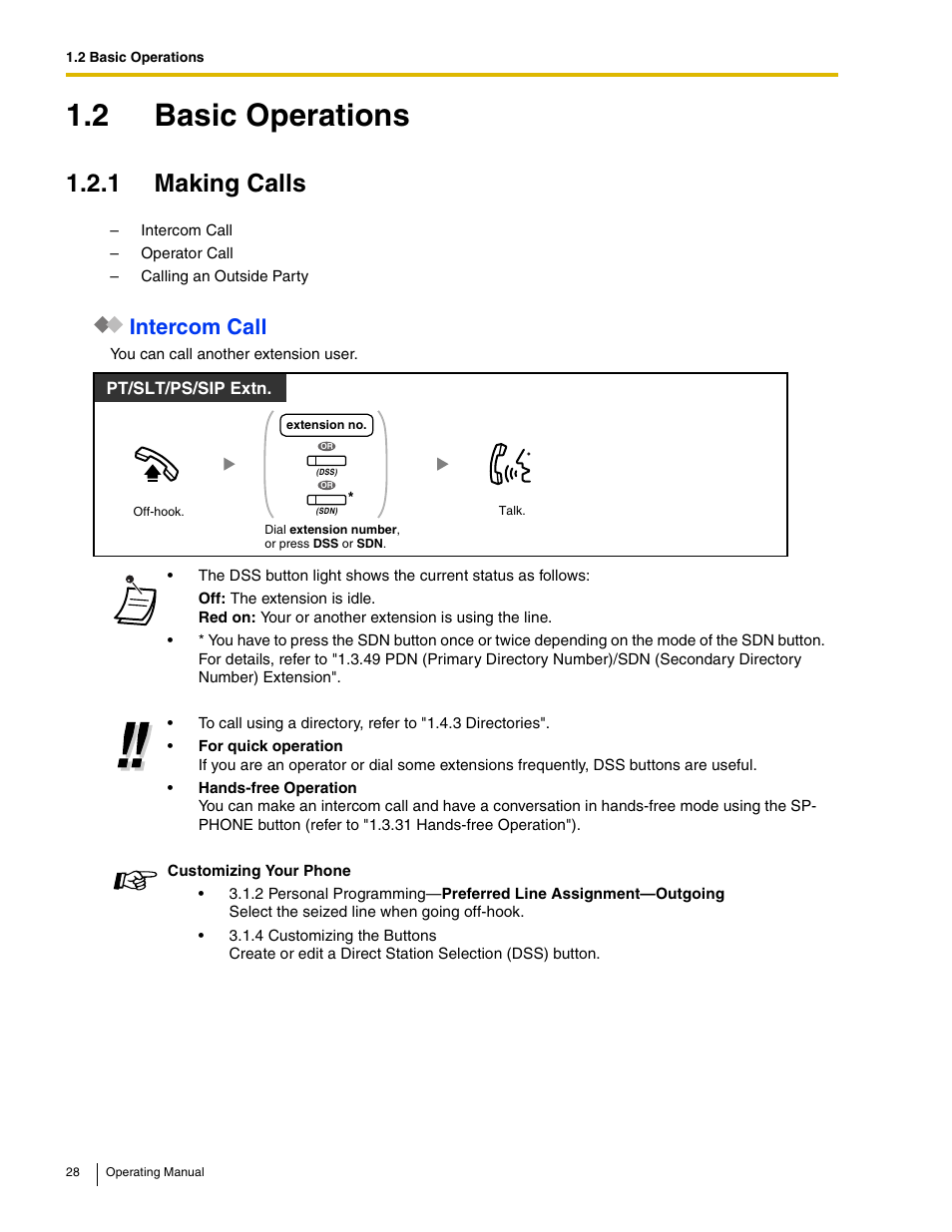 2 basic operations, 1 making calls, Intercom call | Panasonic KX-TDE100 User Manual | Page 28 / 214