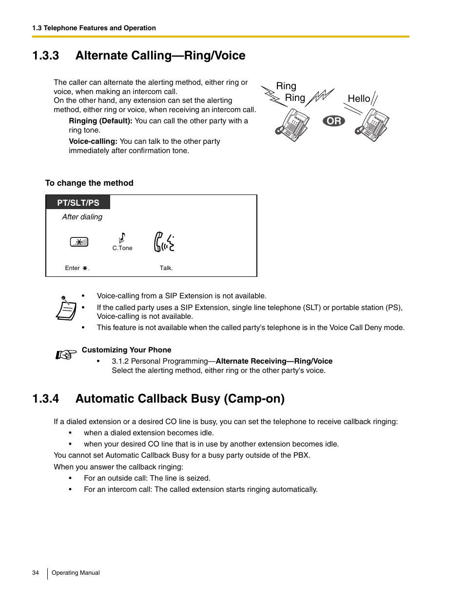 3 alternate calling-ring/voice, 4 automatic callback busy (camp-on), 3 alternate calling—ring/voice | Ring, Ring hello or | Panasonic KX-TDE100 User Manual | Page 34 / 214