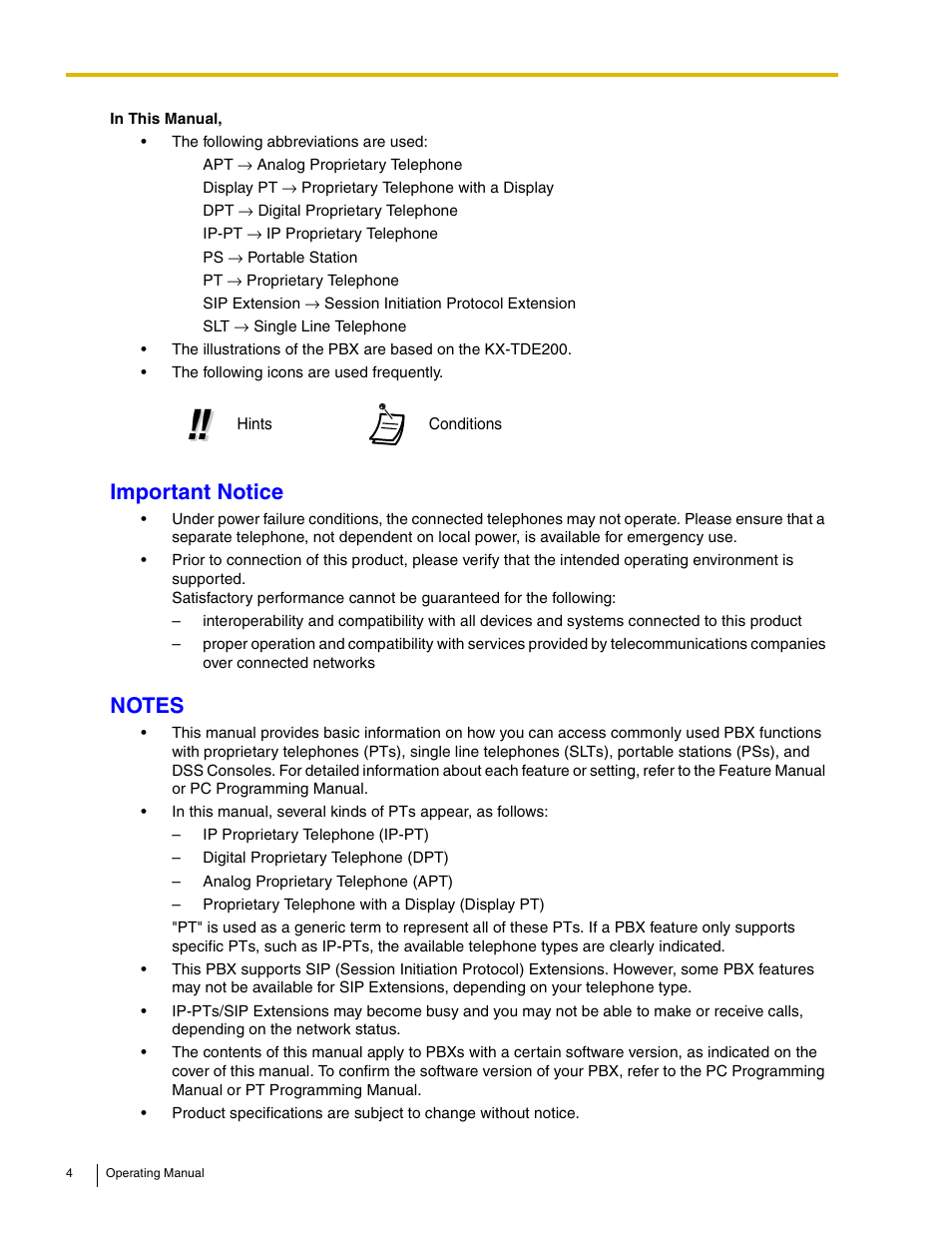 Important notice | Panasonic KX-TDE100 User Manual | Page 4 / 214