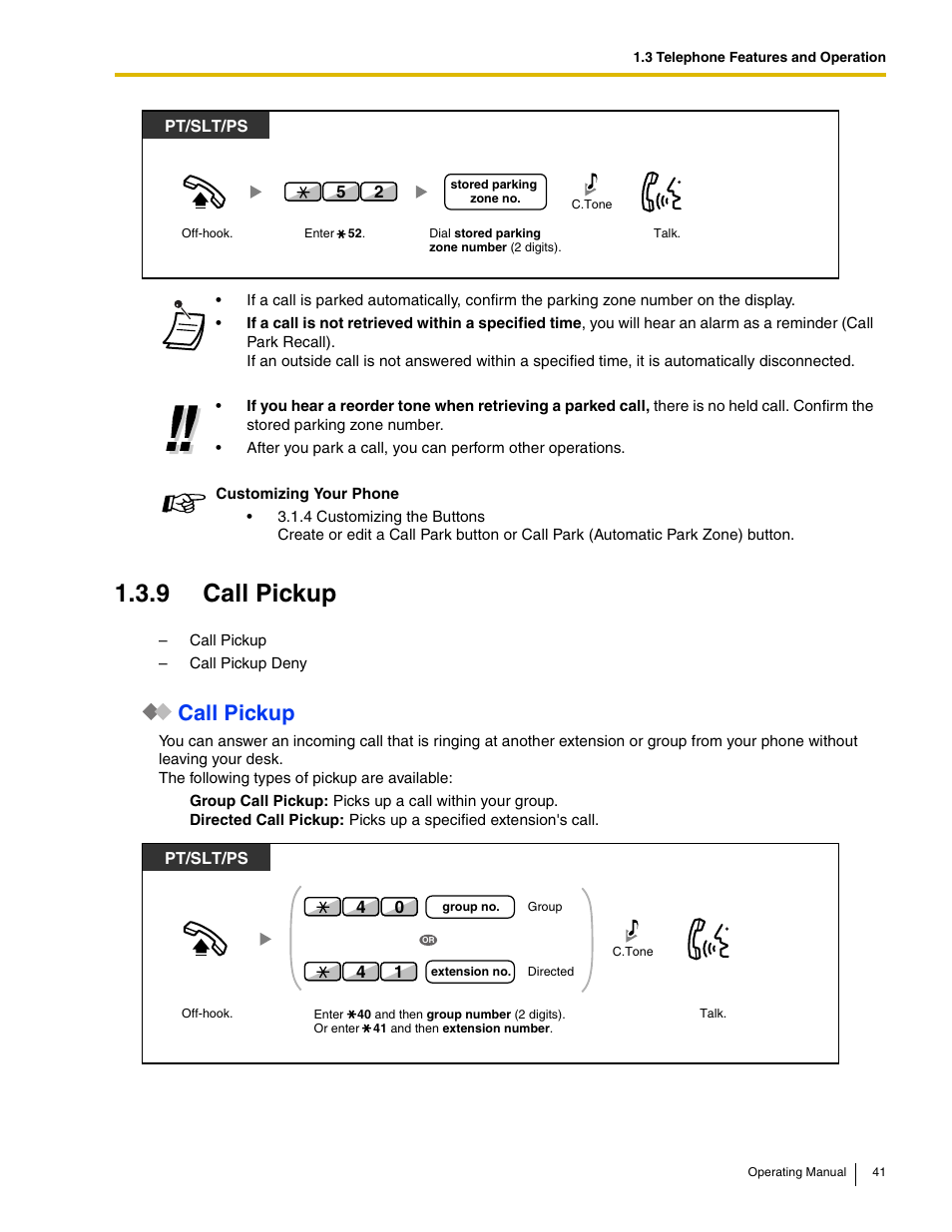 9 call pickup, Call pickup | Panasonic KX-TDE100 User Manual | Page 41 / 214