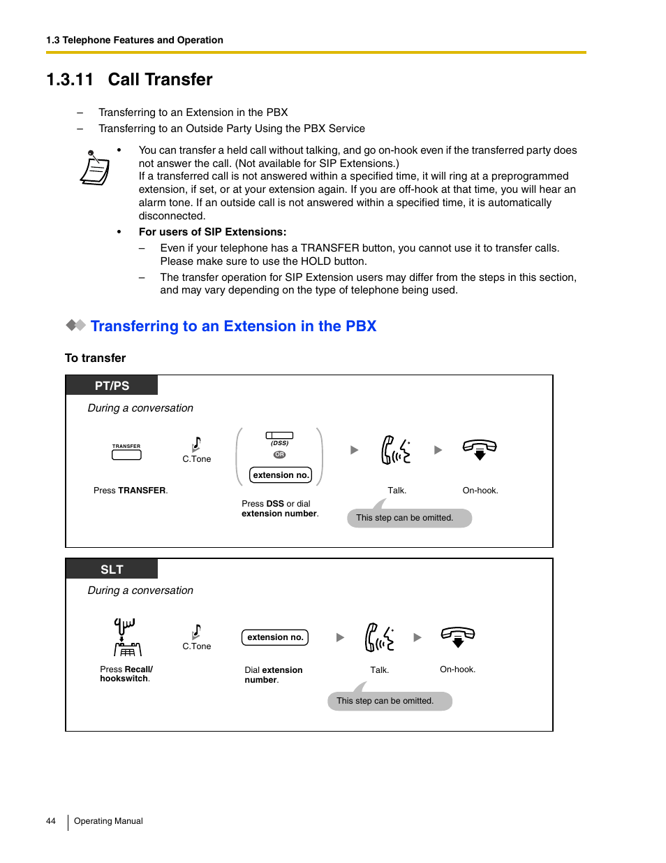 11 call transfer, Transferring to an extension in the pbx | Panasonic KX-TDE100 User Manual | Page 44 / 214