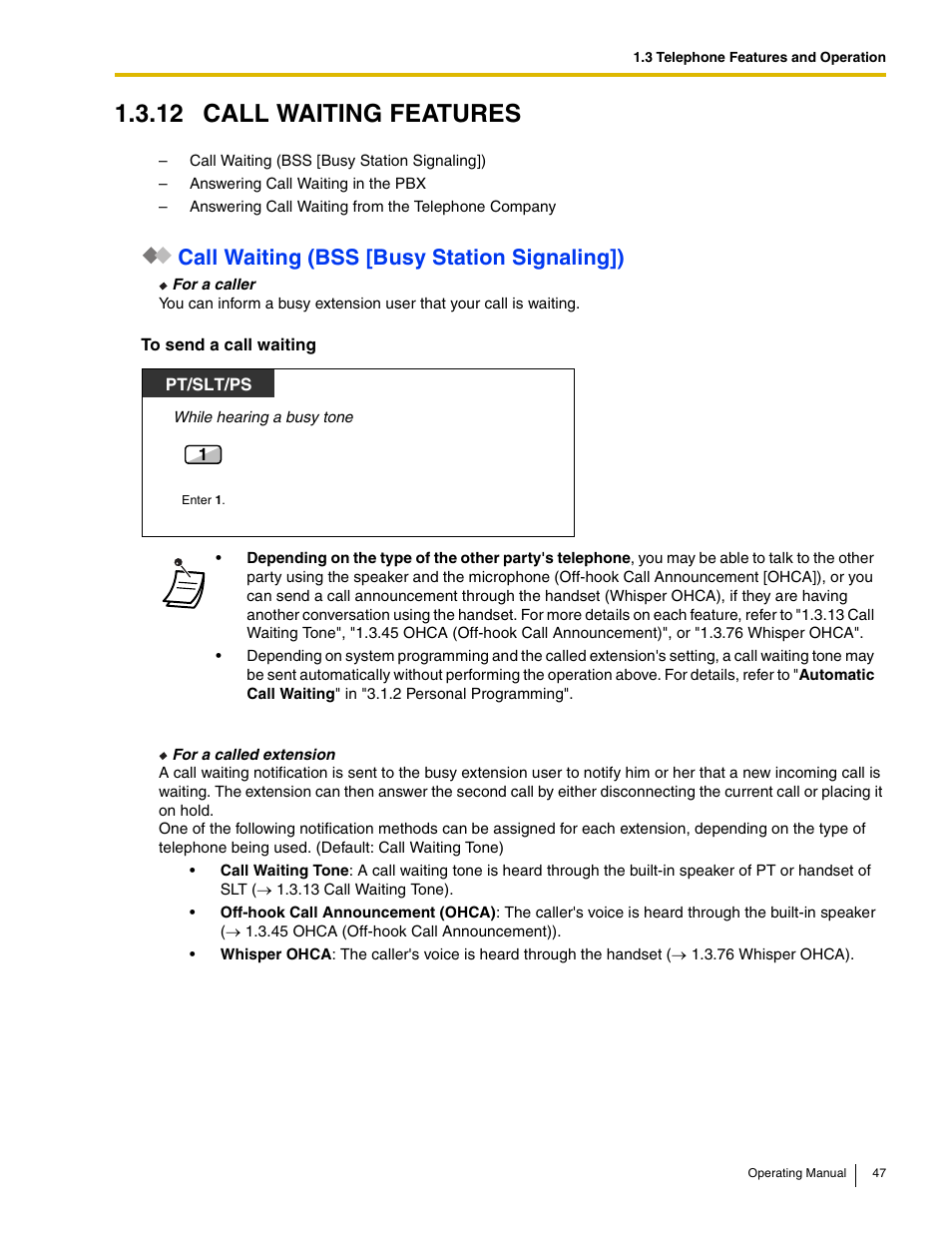 12 call waiting features, Call waiting (bss [busy station signaling]) | Panasonic KX-TDE100 User Manual | Page 47 / 214