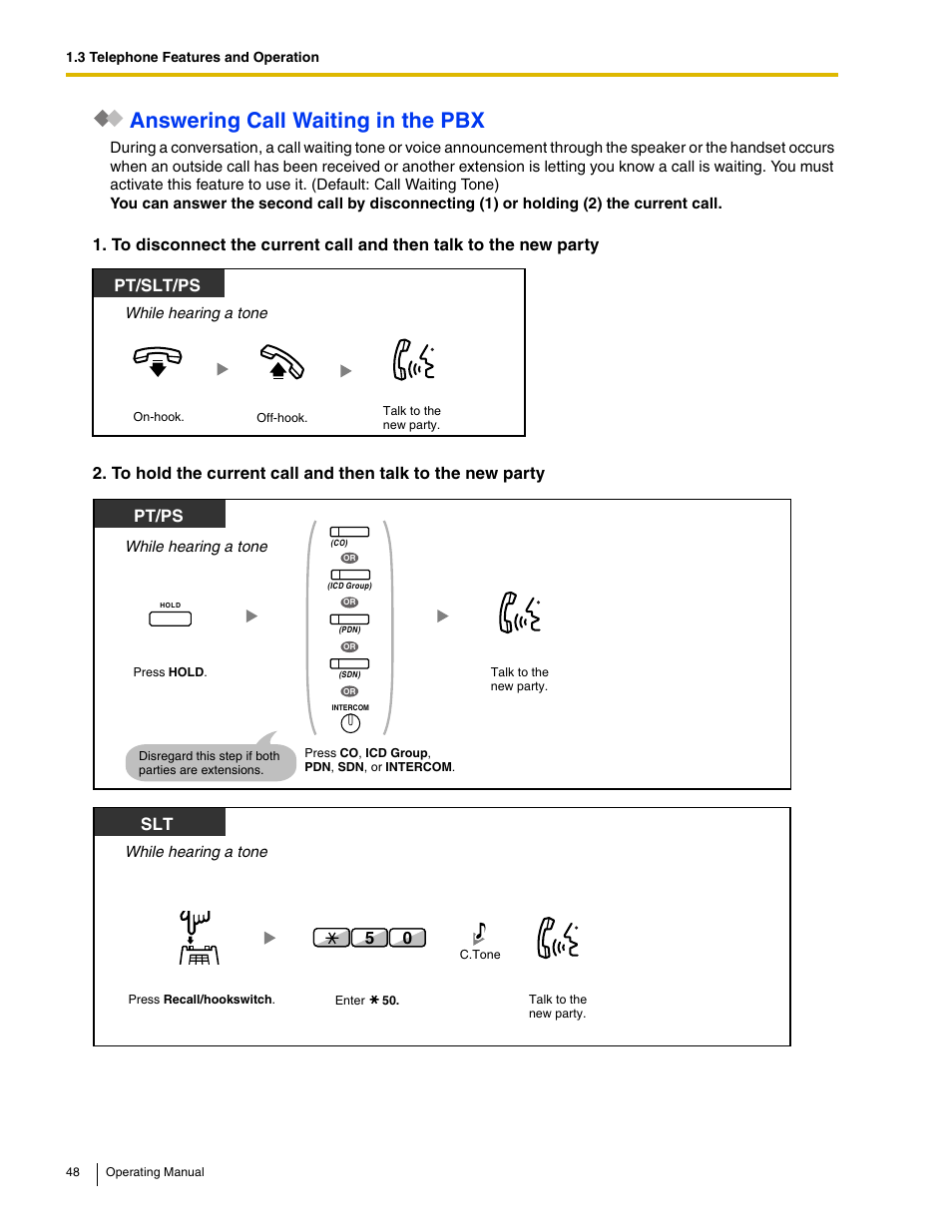 Answering call waiting in the pbx, Pt/ps | Panasonic KX-TDE100 User Manual | Page 48 / 214