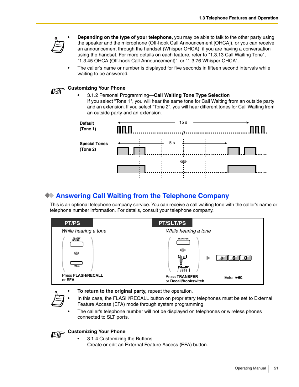 Answering call waiting from the telephone company, Pt/slt/ps, Pt/ps | Panasonic KX-TDE100 User Manual | Page 51 / 214