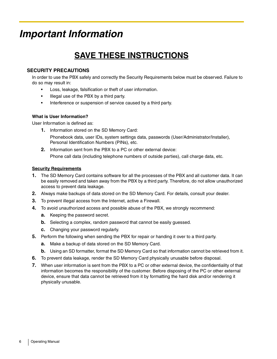 Important information, Save these instructions | Panasonic KX-TDE100 User Manual | Page 6 / 214