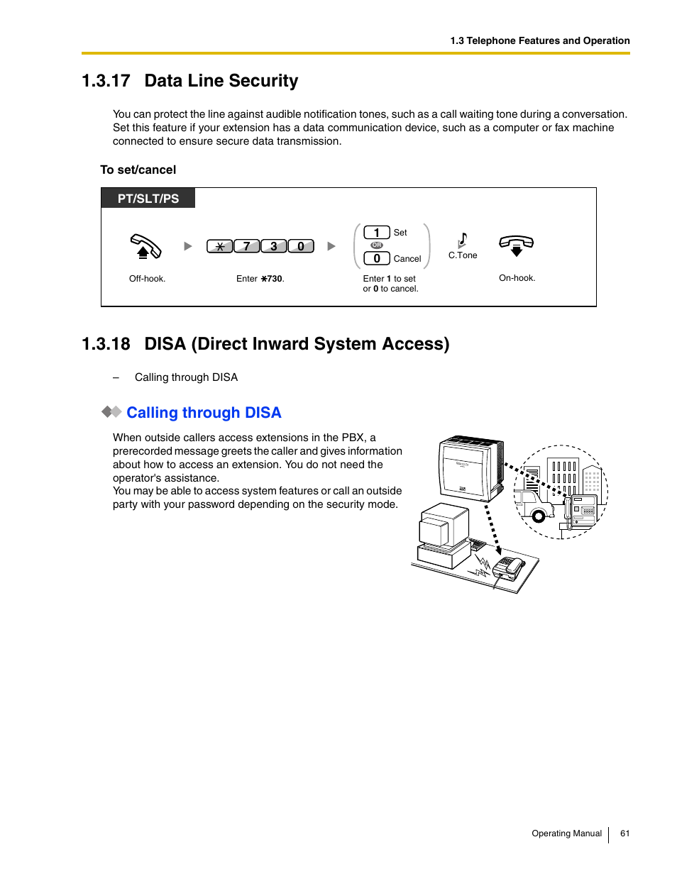 17 data line security, 18 disa (direct inward system access), Calling through disa | Panasonic KX-TDE100 User Manual | Page 61 / 214