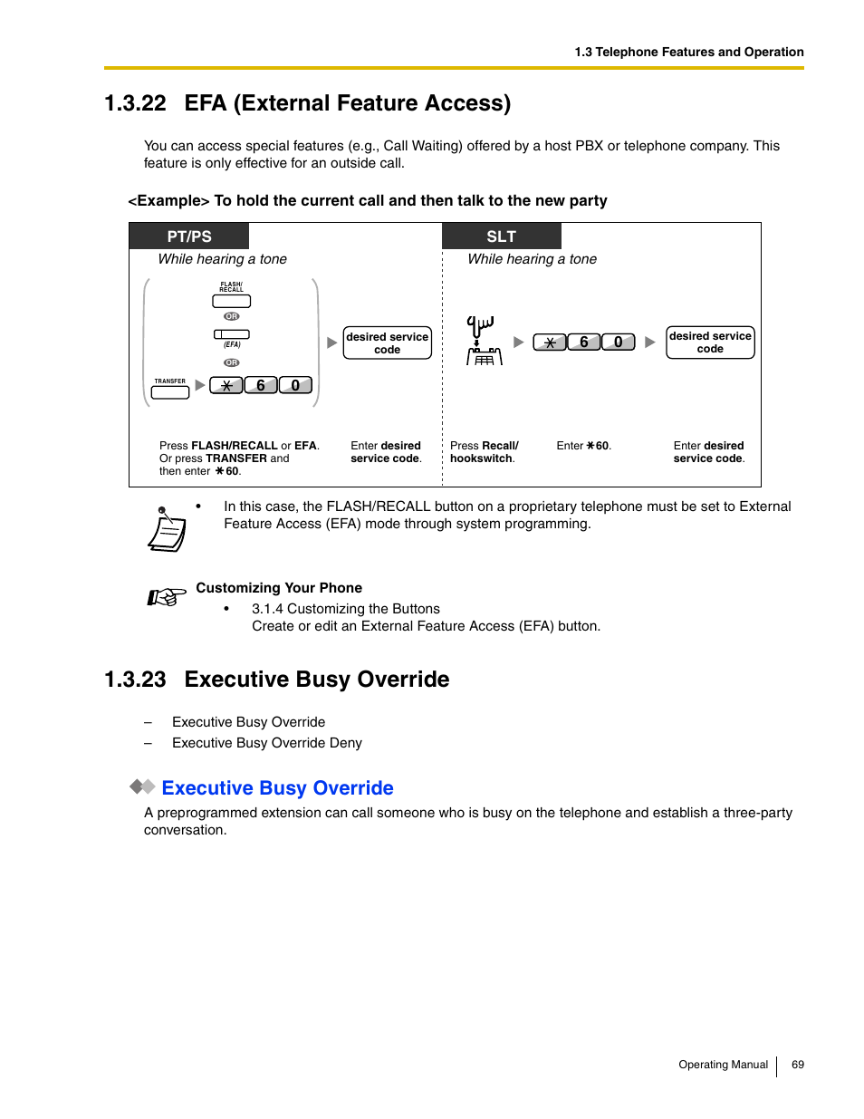 22 efa (external feature access), 23 executive busy override, Executive busy override | Panasonic KX-TDE100 User Manual | Page 69 / 214