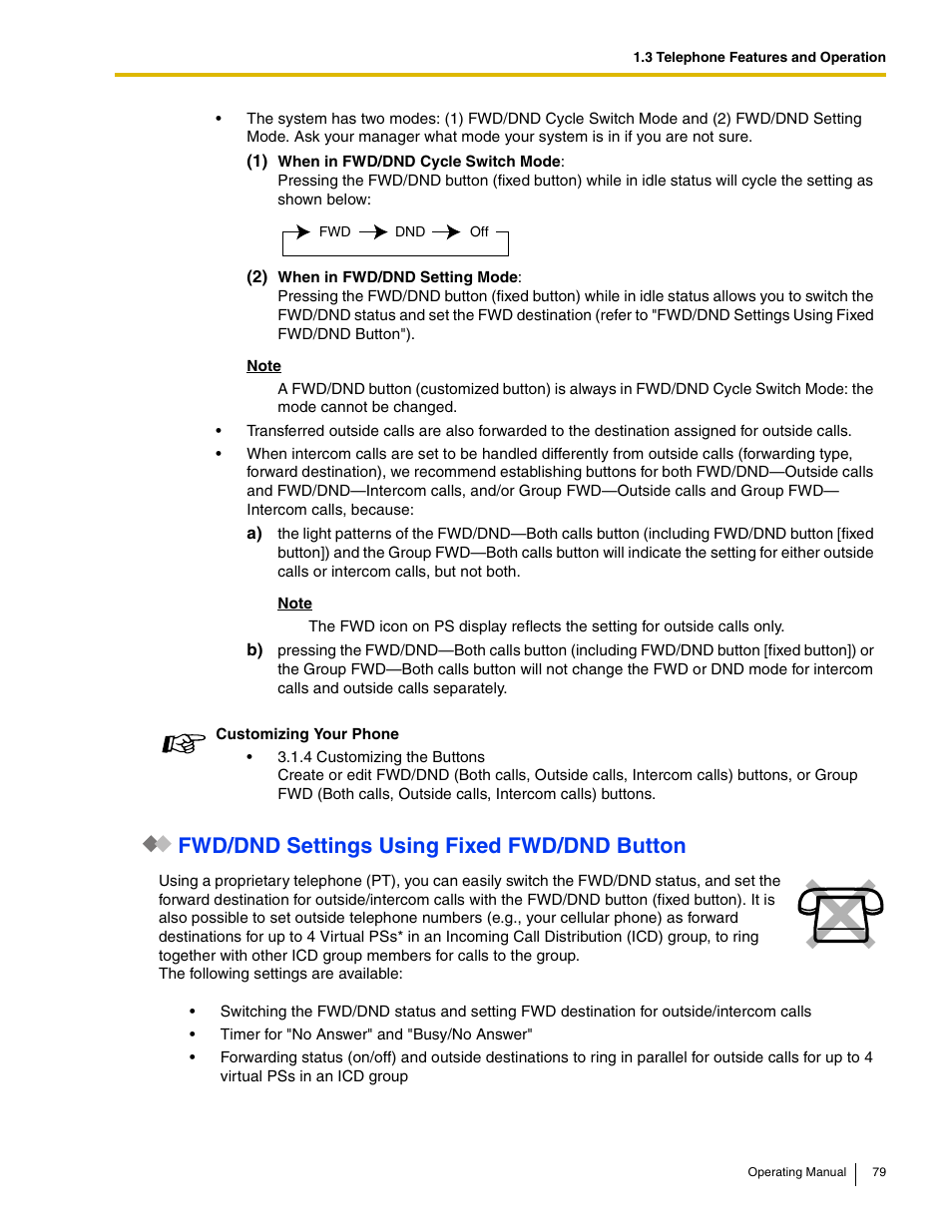 Fwd/dnd settings using fixed fwd/dnd button | Panasonic KX-TDE100 User Manual | Page 79 / 214