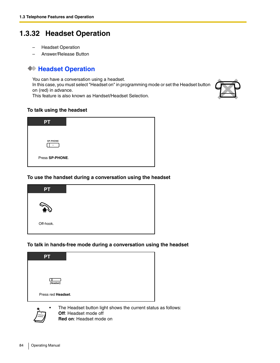 32 headset operation, Headset operation | Panasonic KX-TDE100 User Manual | Page 84 / 214