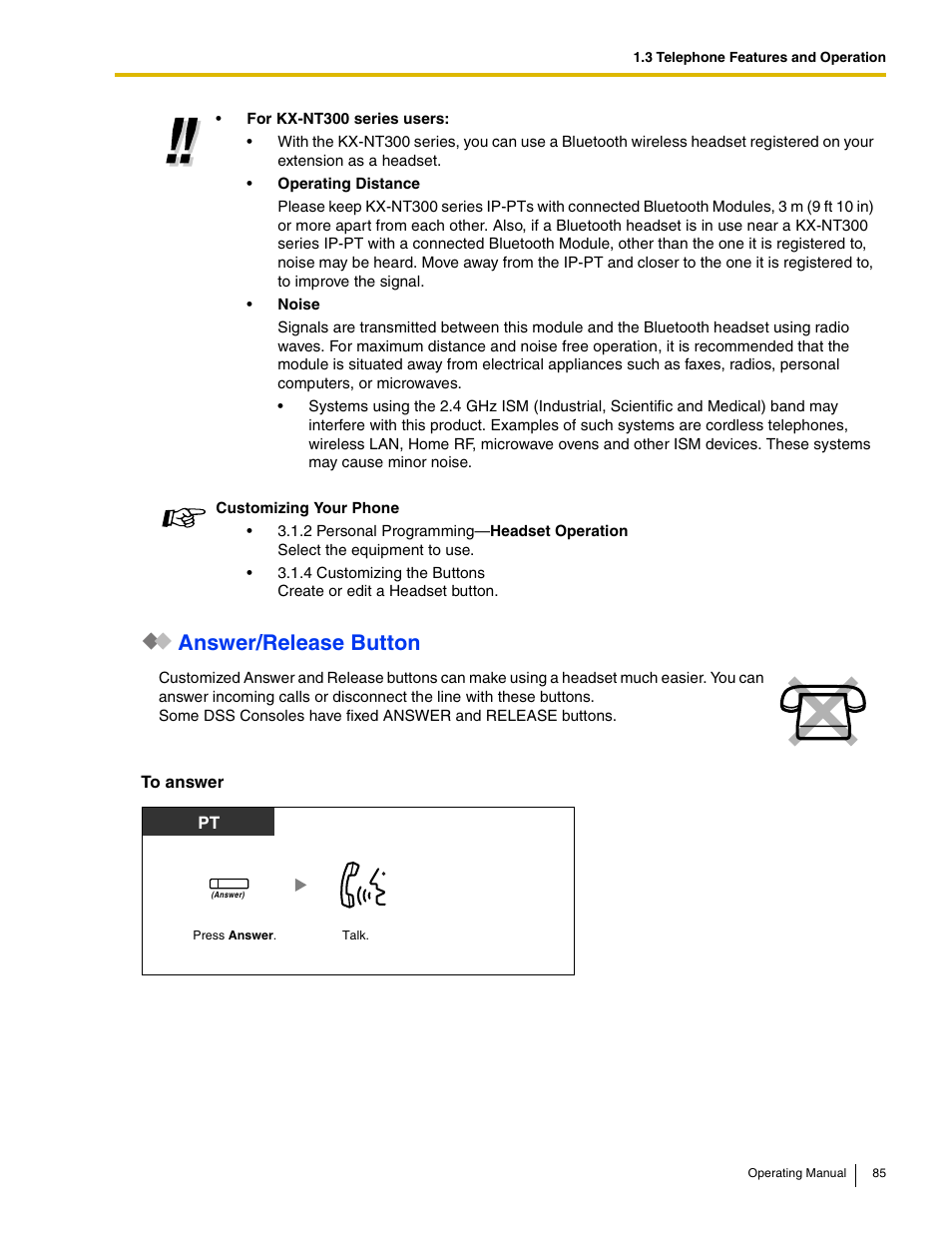 Answer/release button | Panasonic KX-TDE100 User Manual | Page 85 / 214