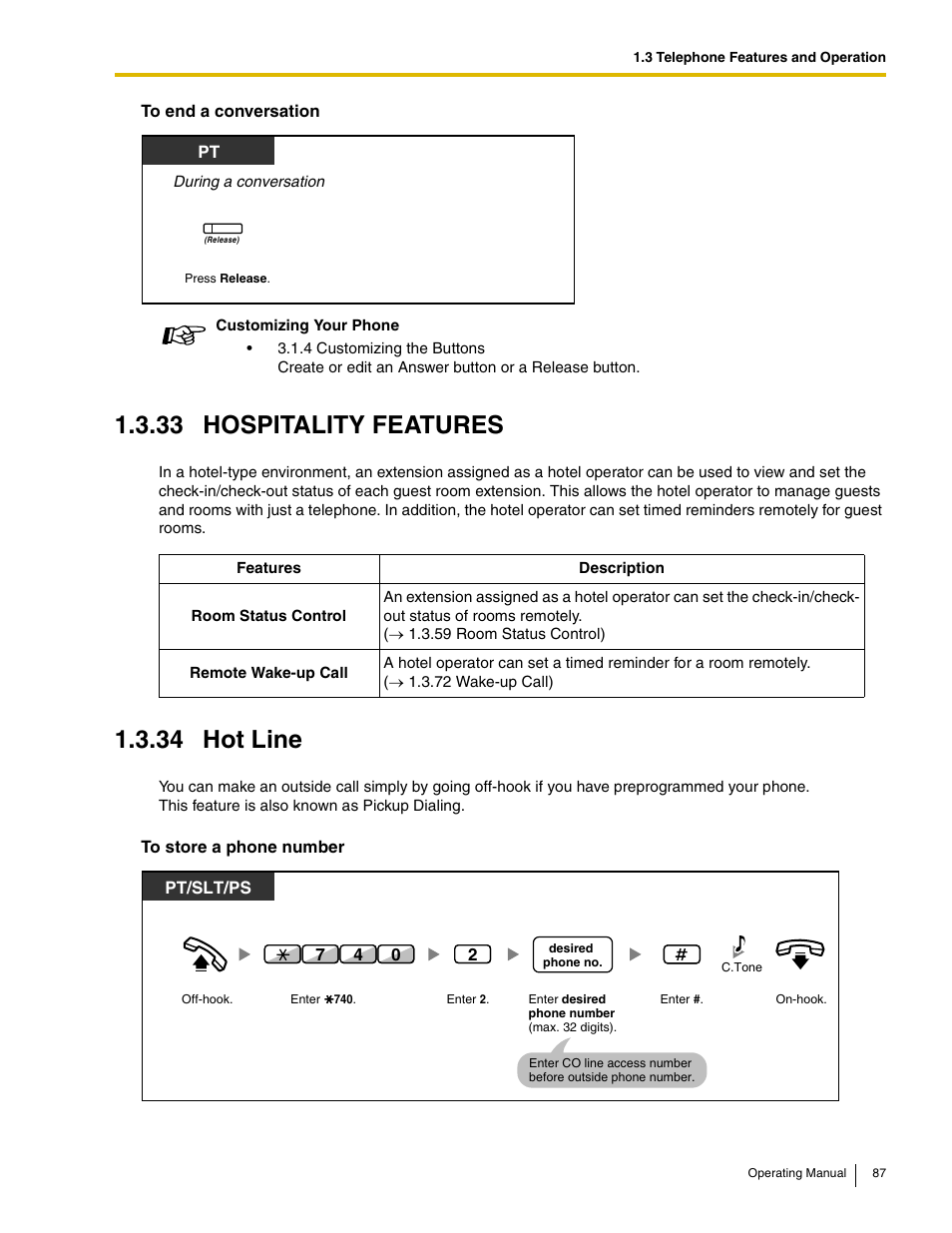 33 hospitality features, 34 hot line | Panasonic KX-TDE100 User Manual | Page 87 / 214