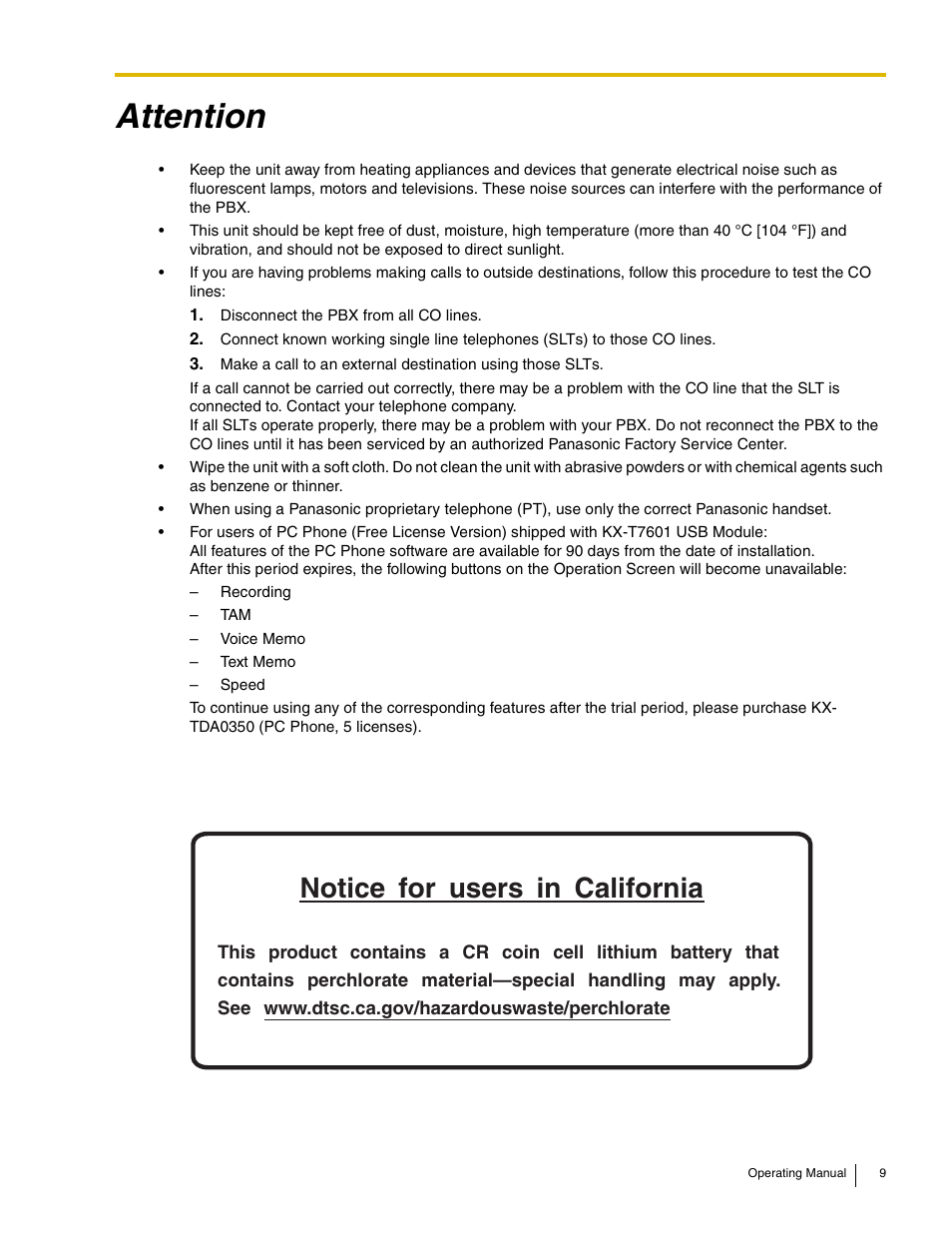 Attention, Notice, Users | California | Panasonic KX-TDE100 User Manual | Page 9 / 214