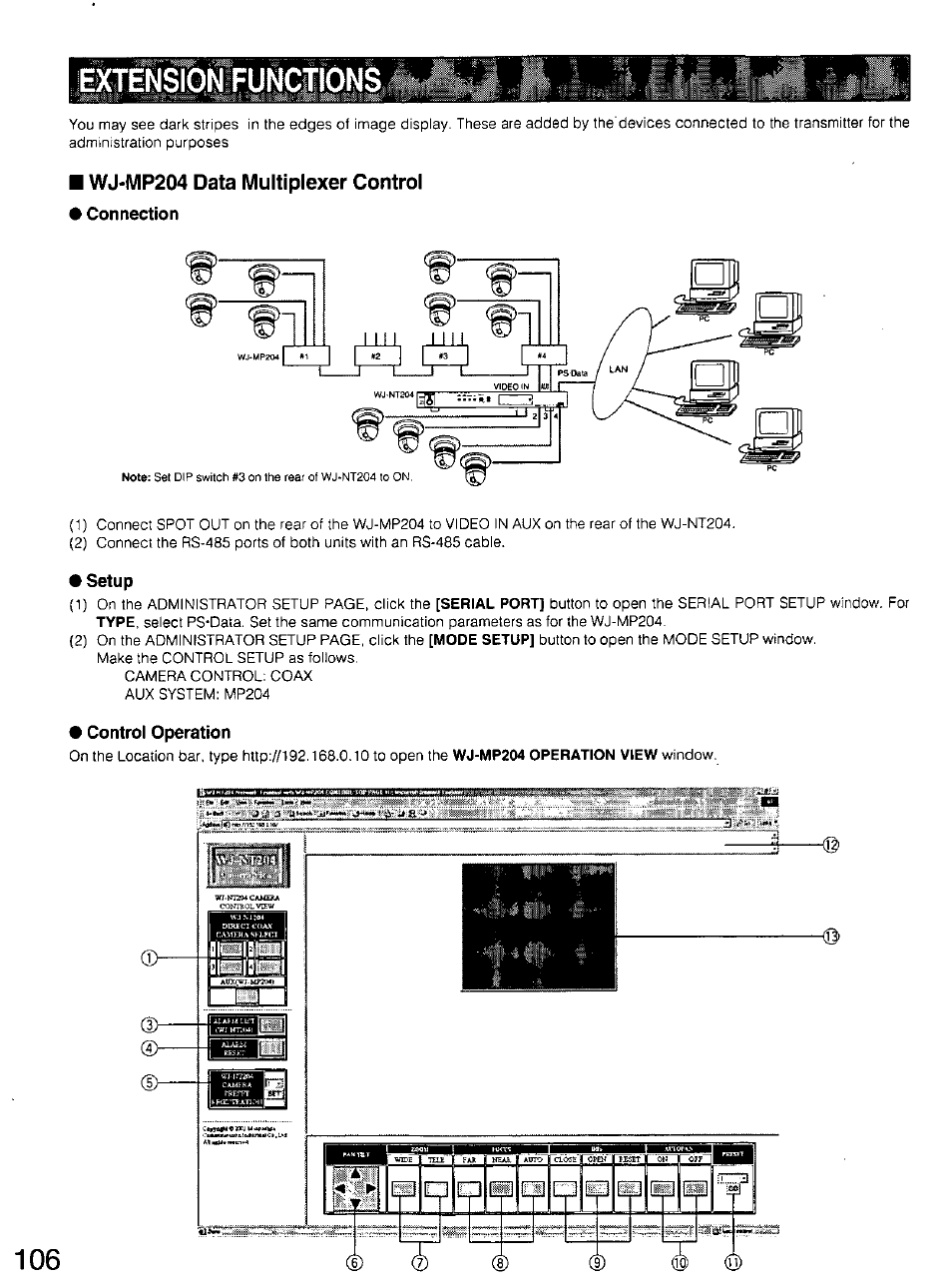 Extension functions, Wj-mp204 data multiplexer control, Connection | Setup, Control operation | Panasonic WV-CU20 User Manual | Page 106 / 148