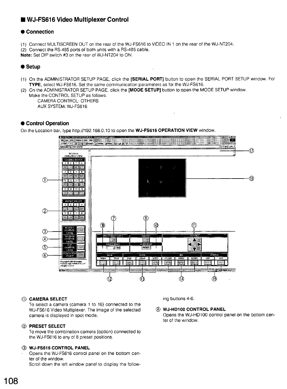 Wj-fs616 video multiplexer control, Connection, Setup | Camera select, Preset select, Cd wj-fs616 control panel, 4) wj-hd100 control panel | Panasonic WV-CU20 User Manual | Page 108 / 148