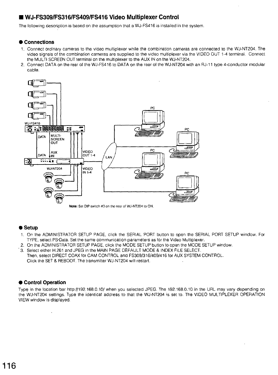 Connections, Setup, Control operation | Panasonic WV-CU20 User Manual | Page 116 / 148