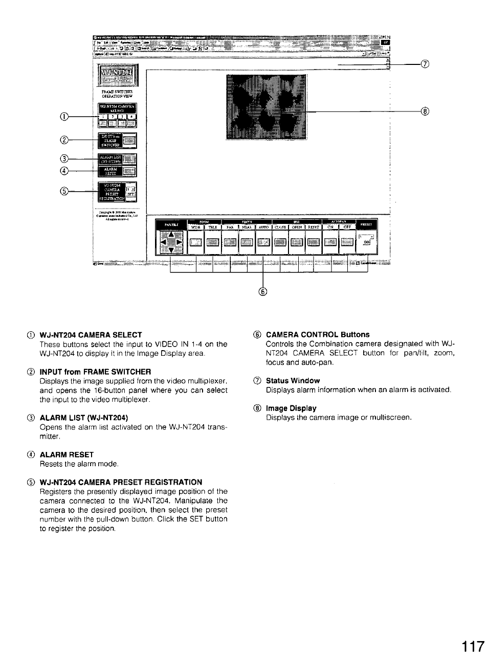 Cd wj-nt204 camera select, Input from frame switcher, Alarm list (wj-nt204) | Camera control buttons, Status window, Alarm reset, Wj-nt204 camera preset registration, S iml | Panasonic WV-CU20 User Manual | Page 117 / 148