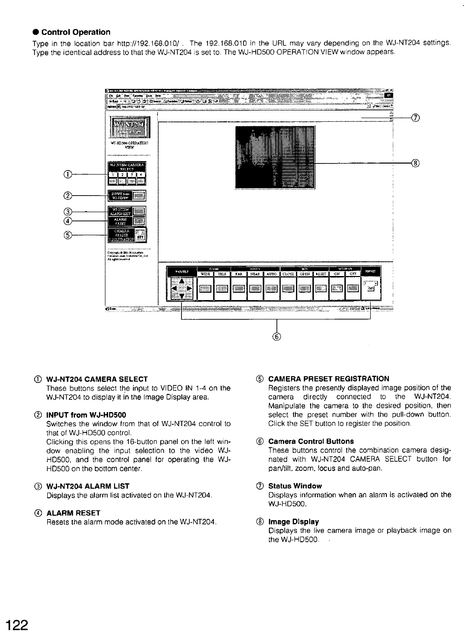 Wj-nt204 camera select, Input from wj-hd500, Wj-nt204 alarm list | Alarm reset, Camera preset registration, Camera control buttons, Status window, Image display, D i wn>e, 83li | Panasonic WV-CU20 User Manual | Page 122 / 148