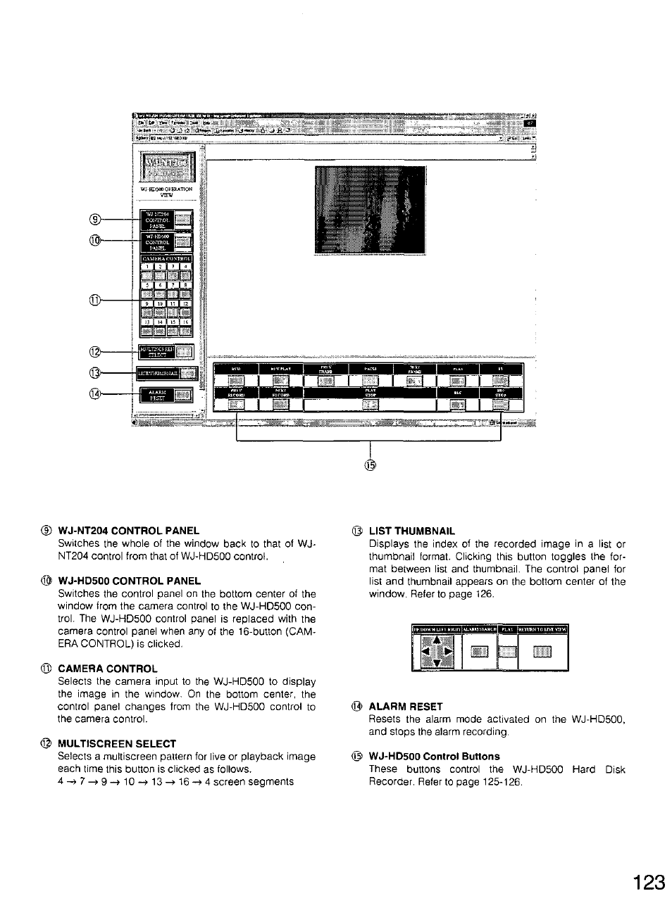 Wj-nt204 control panel, Wj-hd500 control panel, 0) camera control | Multiscreen select, List thumbnail, Q) alarm reset, Wj-hd500 control buttons | Panasonic WV-CU20 User Manual | Page 123 / 148