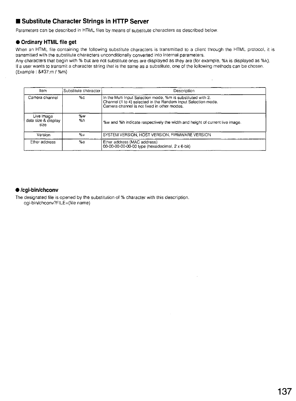 Substitute character strings in http server, Ordinary html file get, Cgi-bin/chconv | Panasonic WV-CU20 User Manual | Page 137 / 148