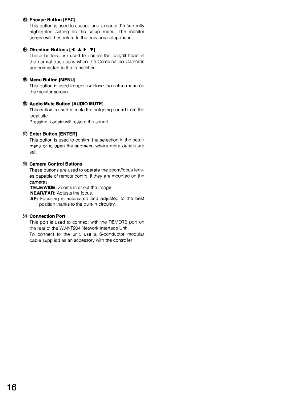 Escape button [esc, Direction buttons [ < ak w, Menu button [menu | Audio mute button [audio mute, Enter button [enter, Camera control buttons, Connection port | Panasonic WV-CU20 User Manual | Page 16 / 148