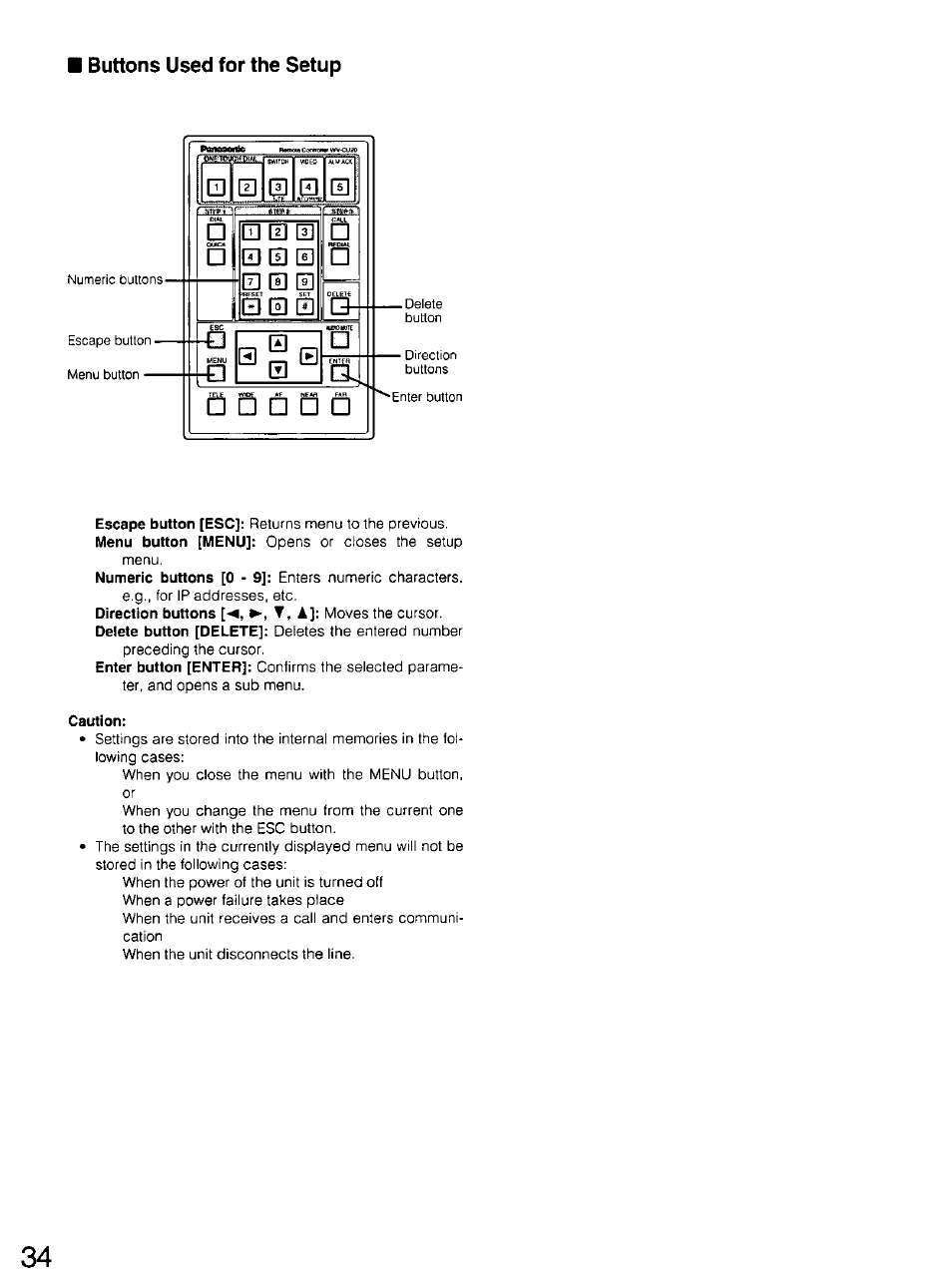 Buttons used for the setup, Caution, Q el □ e | Panasonic WV-CU20 User Manual | Page 34 / 148