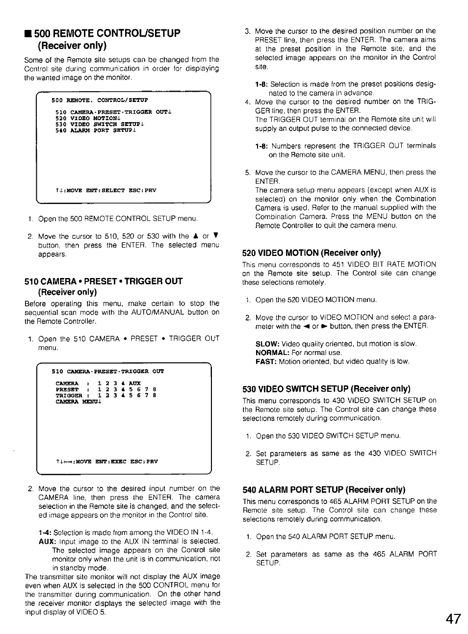 500 remote control/setup (receiver only) | Panasonic WV-CU20 User Manual | Page 47 / 148