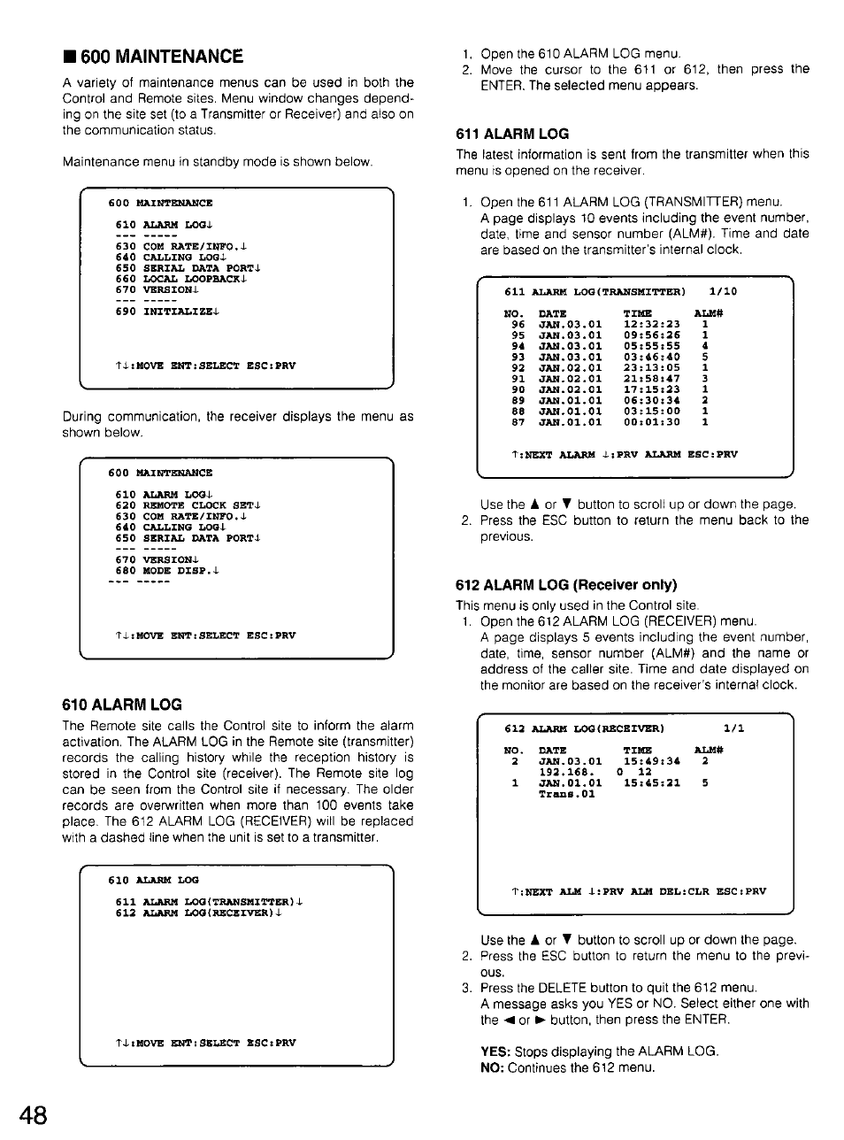 600 maintenance | Panasonic WV-CU20 User Manual | Page 48 / 148