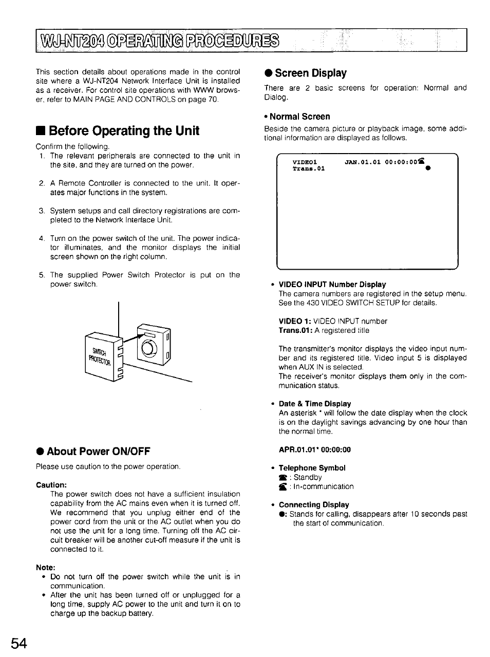 Screen display, Normal screen, Video input number display | Date & time display, About power on/off, Caution, Apr.01.01* 00:00:00, Telephone symbol, Connecting display, Note | Panasonic WV-CU20 User Manual | Page 54 / 148