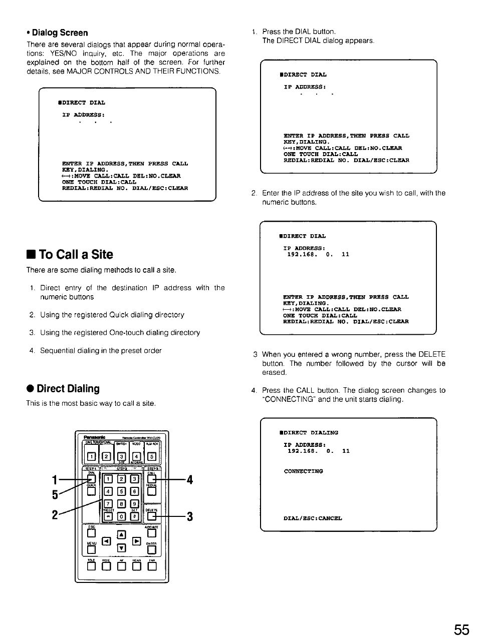 Dialog screen, Direct dialing | Panasonic WV-CU20 User Manual | Page 55 / 148