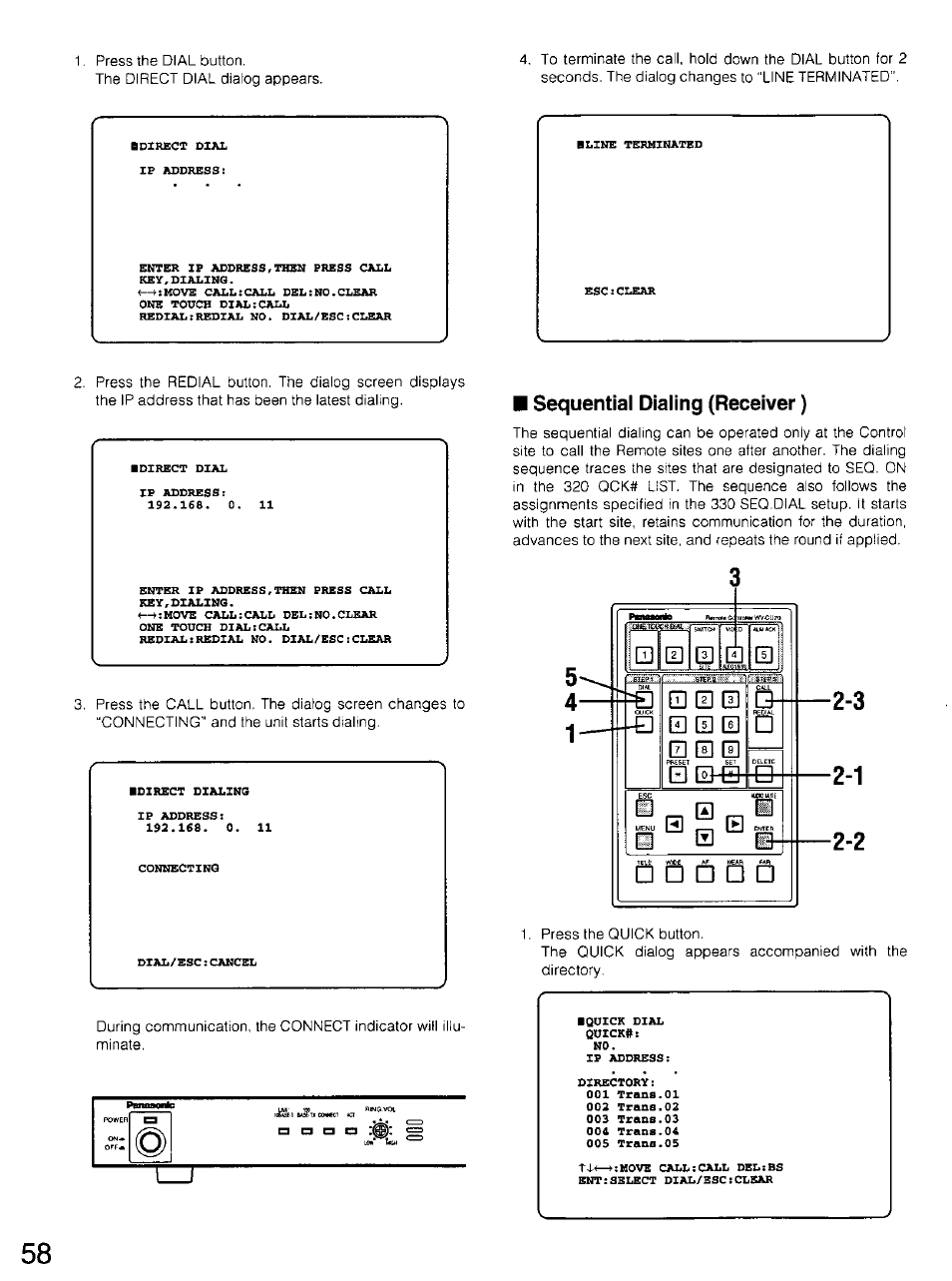 Sequential dialing (receiver) | Panasonic WV-CU20 User Manual | Page 58 / 148