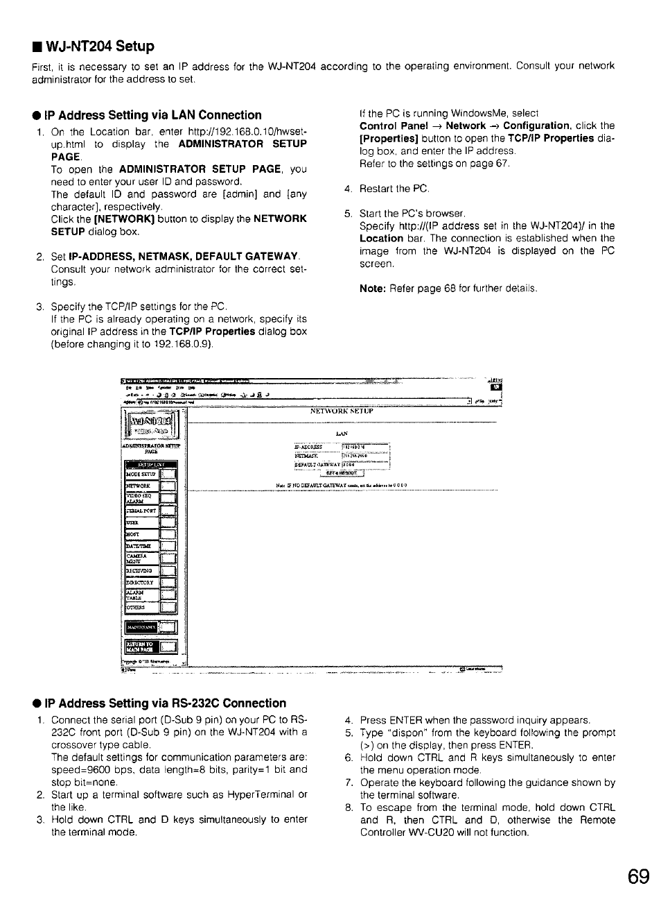 Wj-nt204 setup, E ip address setting via lan connection, Set ip-address, netmask, default gateway | Ip address setting via rs-232c connection | Panasonic WV-CU20 User Manual | Page 69 / 148