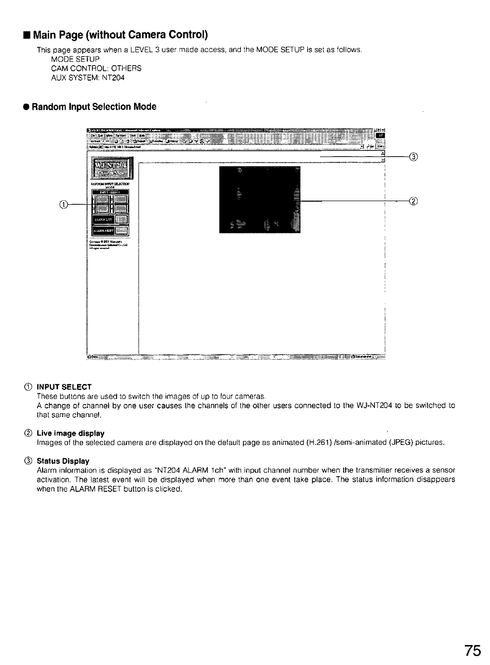 Random input selection mode, Input select, Live image display | Status display | Panasonic WV-CU20 User Manual | Page 75 / 148