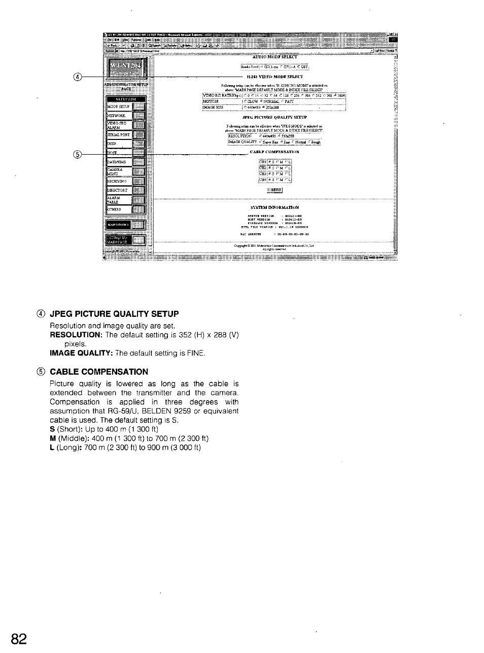 Jpeg picture quality setup, Cable compensation | Panasonic WV-CU20 User Manual | Page 82 / 148