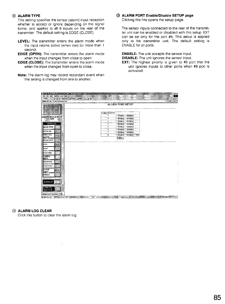 D alarm type, Alarm log clear | Panasonic WV-CU20 User Manual | Page 85 / 148