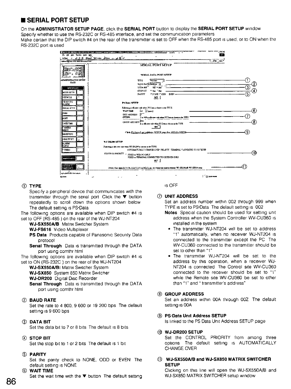 Serial port setup, Type, Baud rate | D data bit, Unit address, Group address, Ps'data unit address setup, Wj-dr200 setup, Q) wj-sx550a/b and wj-sx650 matrix switcher setup | Panasonic WV-CU20 User Manual | Page 86 / 148