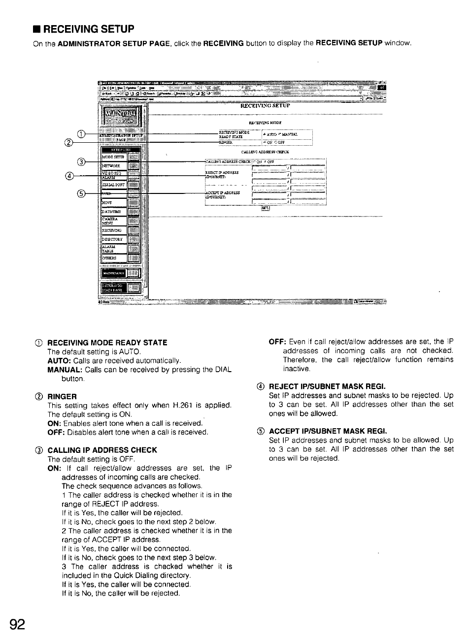 Receiving mode ready state, D ringer, Calling ip address check | Reject ip/subnet mask regi, Accept ip/subnet mask regi, 220 calling ip address check, Receiving setup | Panasonic WV-CU20 User Manual | Page 92 / 148