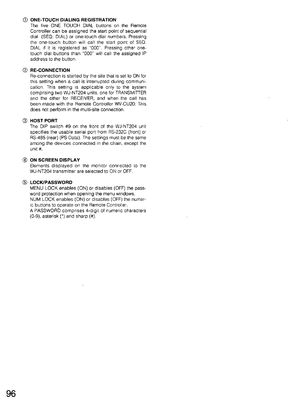 Ф one-touch dialing registration, Re-connection, D host port | On screen display, Lock/password, 320 one touch dialing regi | Panasonic WV-CU20 User Manual | Page 96 / 148