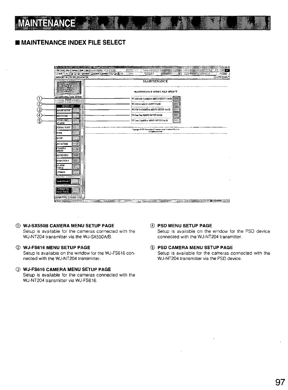 Maintenance, Maintenance index file select | Panasonic WV-CU20 User Manual | Page 97 / 148