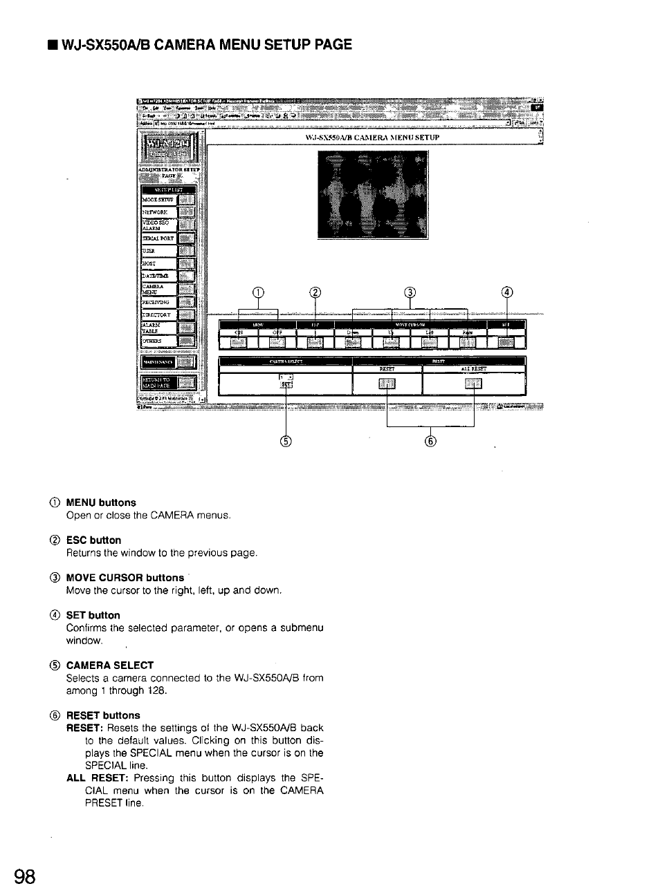 Menu buttons, Esc button, Move cursor buttons | Set button, Camera select, Reset buttons, Wj-sx550a/b camera menu setup page | Panasonic WV-CU20 User Manual | Page 98 / 148