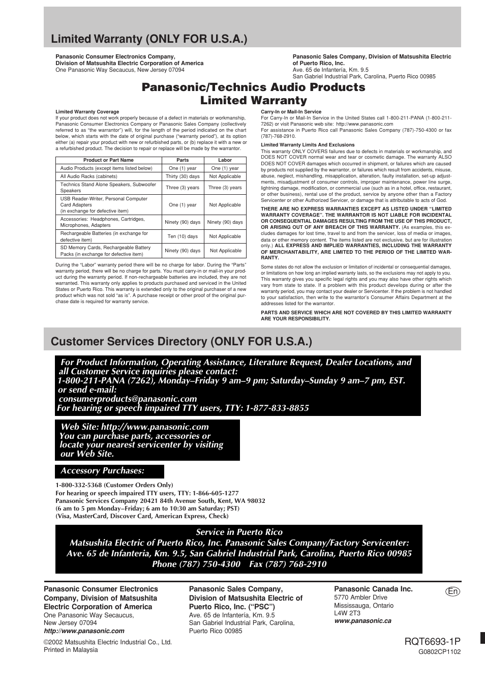 Limited warranty (only for u.s.a.), Customer services directory (only for u.s.a, Panasonic/technics audio products limited warranty | Panasonic SC-AK310 User Manual | Page 16 / 16