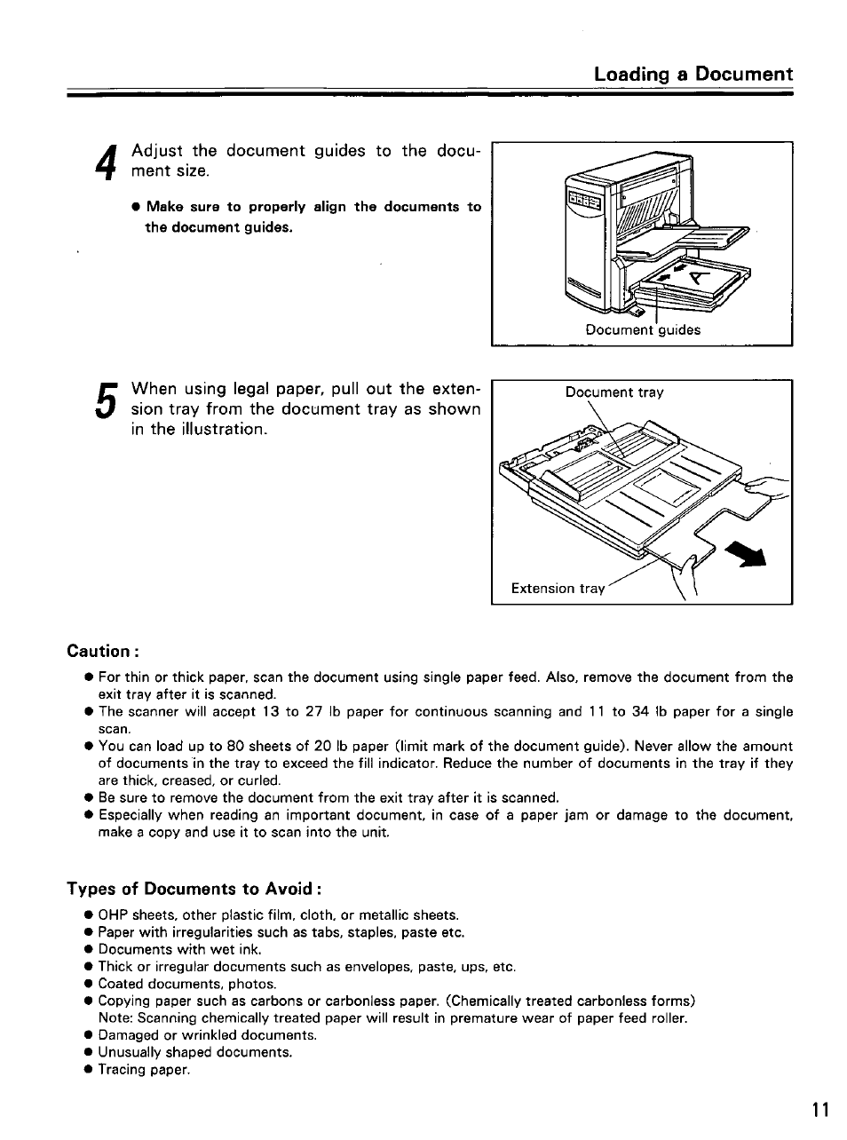 Caution, Types of documents to avoid | Panasonic KV-SS25D User Manual | Page 11 / 20